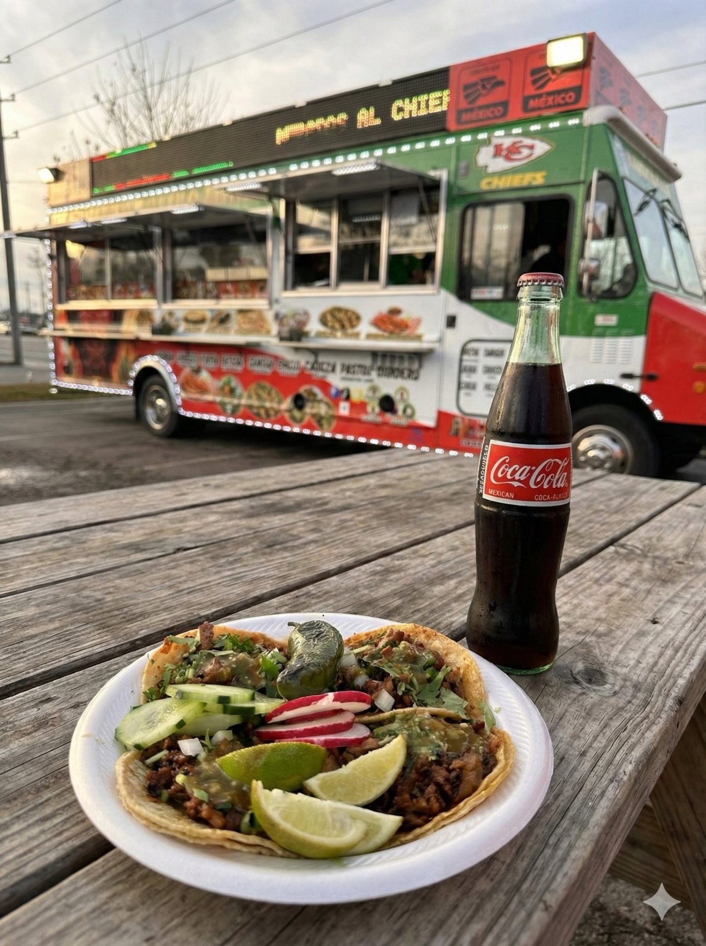 Tacos plate with Mexican Coca-Cola at the foodtruck